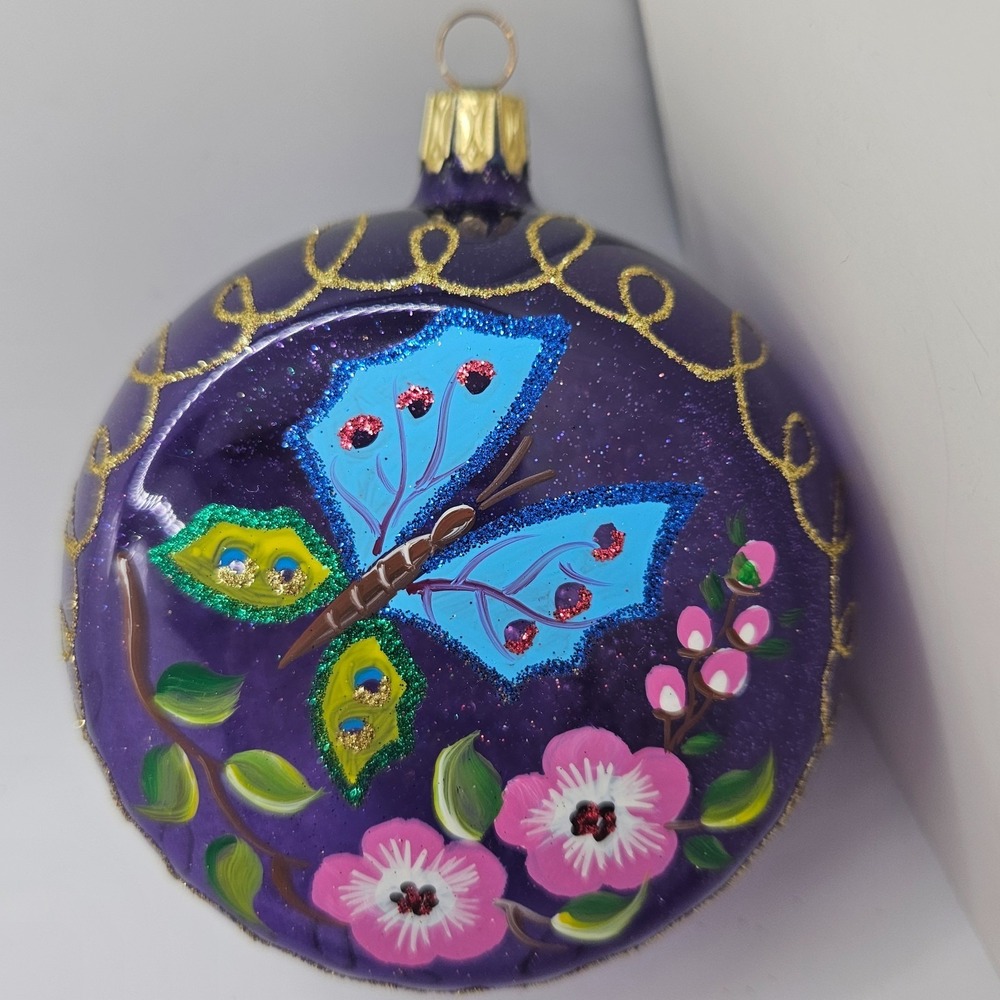 Vintage Hand Painted Glass Christmas Ornament Purple Butterfly Floral Glitter 4"